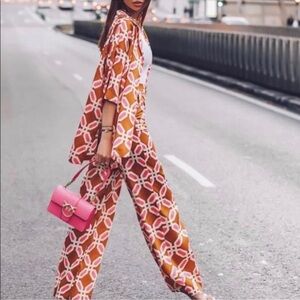 Satin geometric pajama style set size small top and pants